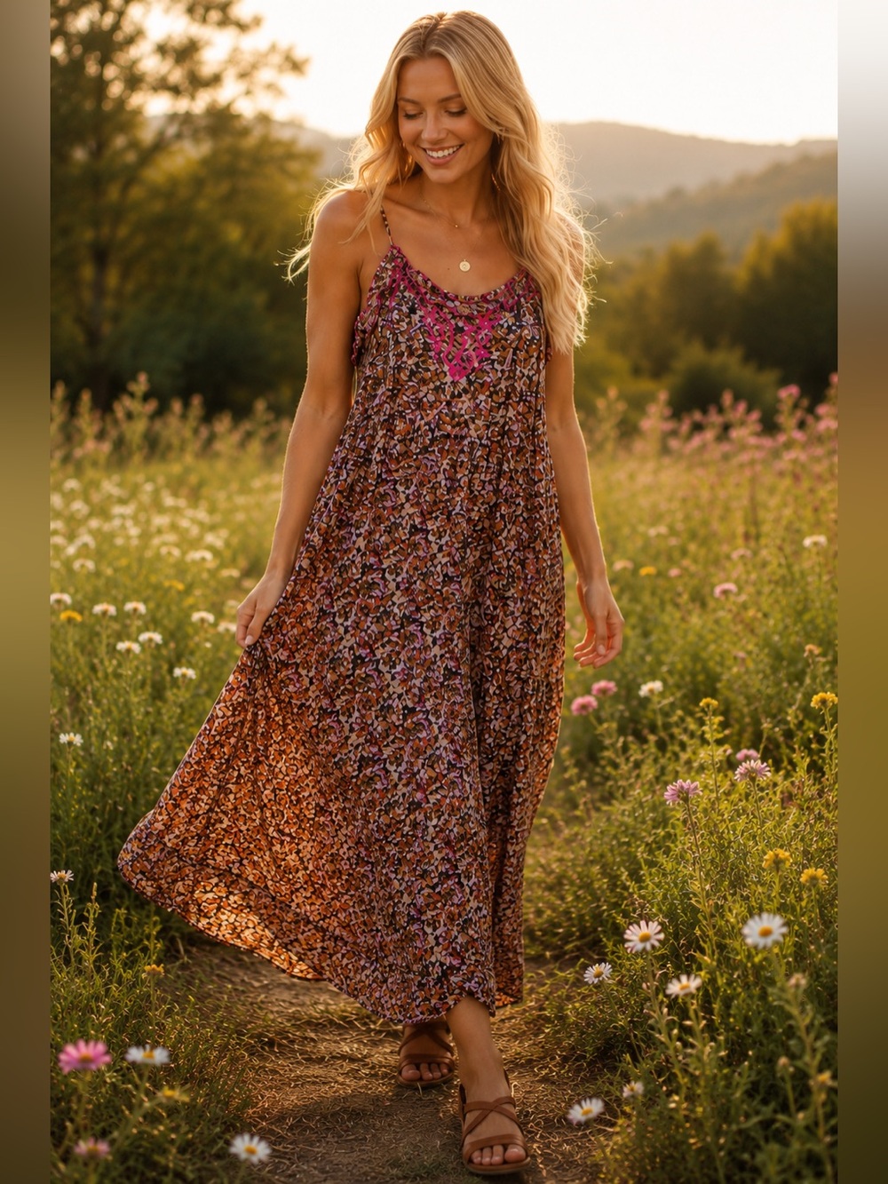 Natural Life Maddie Maxi Dress Brown Floral Embroidered Rayon M Boho Pockets